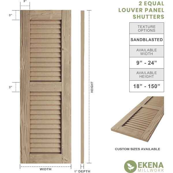 Rustic Two Equal Louver Sandblasted Faux Wood Shutters (Per Pair), Primed Tan, 18W X 90H